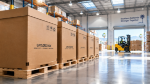 Heavy-duty corrugated Gaylord boxes San Diego stacked on pallets in a local warehouse