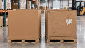 A side-by-side comparison of a pristine used vs new gaylord boxes one in a warehouse