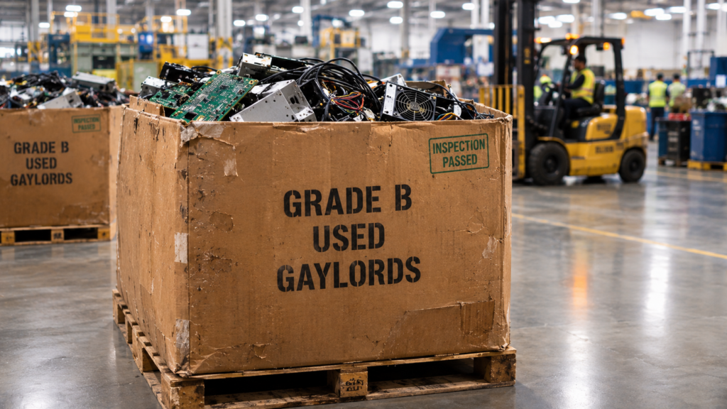 Grade B used-gaylord-boxes-california-myth filled with electronic waste in a recycling warehouse.