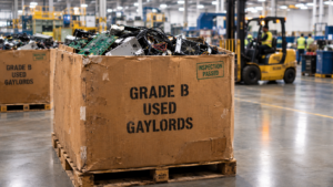 Grade B used-gaylord-boxes-california-myth filled with electronic waste in a recycling warehouse.